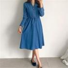 Half-placket Drawstring-waist Denim Dress Blue - One Size