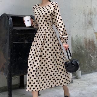 Long-sleeve Dotted Midi A-line Skirt As Shown In Figure - One Size