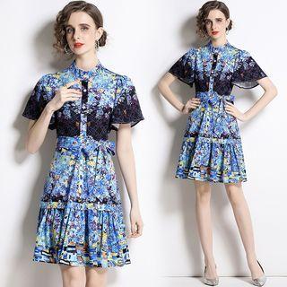 Short-sleeve Print Button-up A-line Dress
