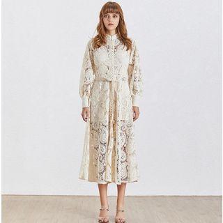 Stand Collar Lantern Sleeve High Waist Lace Midi Dress