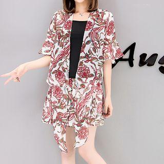 Set: Floral Print Cropped Chiffon 3/4 Sleeve Jacket + Shorts + Camisole Top