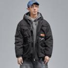 Lettering Pocket Detail Hooded Padded Coat