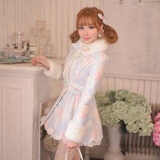 Floral Print Furry Trim Woolen Coat