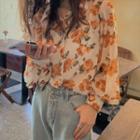 Long-sleeve Floral Print Chiffon Shirt Yellow Floral - White - One Size