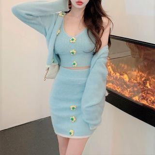Set: Ribbed Knit Tank Top + Knit Skirt + Cardigan Set Of 3 - Tank Top & Cardigan & Skirt - Light Blue - One Size