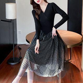 Long-sleeve V-neck Dotted Mesh Midi A-line Dress