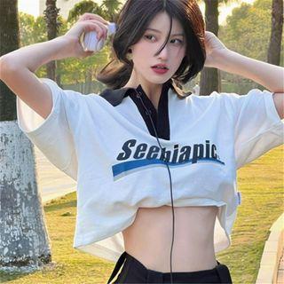 Short Sleeve Letter Oversized Polo Shirt