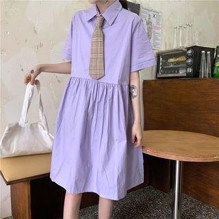 Short-sleeve Midi A-line Shirt Dress / Neck Tie / Set