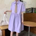 Short-sleeve Midi A-line Shirt Dress / Neck Tie / Set