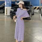 Short-sleeve Cold-shoulder Striped Midi T-shirt Dress