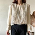 Set: Button-up Lace Vest + Ruffle-cuff Blouse Beige - One Size