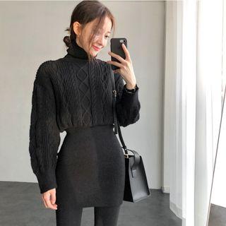Long-sleeve Cable Knit Mini Sheath Dress Black - One Size
