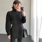 Long-sleeve Cable Knit Mini Sheath Dress Black - One Size