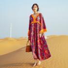 V-neck Print Pom Pom Maxi A-line Dress