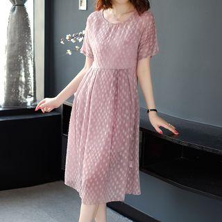 Set: Short-sleeve Dotted Midi Dress + Slipdress