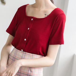 Short-sleeve Buttoned Square Neck Knit Top