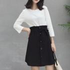 Set: 3/4-sleeve T-shirt + Buttoned A-line Skirt