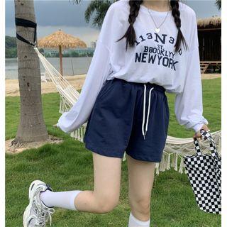 Long-sleeve Lettering T-shirt + Drawstring Plain Shorts