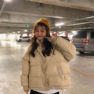 Plain Cropped Zip Hooded Padded Jacket Almond - One Size