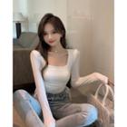 Long-sleeve Square-neck Drawstring Cropped T-shirt