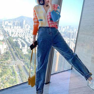 Set: Color Block Gingham Cardigan + Tapered Jeans