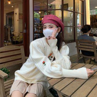 Round-neck Embroider Floral Oversize Sweater White - One Size