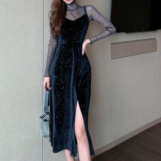 Set: Spaghetti Strap Midi Velvet Dress + Long-sleeve Glitter Mesh Top