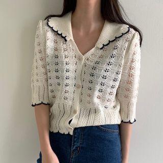 Short-sleeve Collared Pointelle Knit Top Beige - One Size