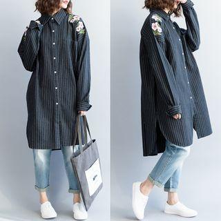 Long-sleeve Floral Embroidered Pinstriped Shirtdress Stripes - Dark Blue - One Size