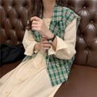 Plaid Button Vest / Long-sleeve Midi Jacquard Dress