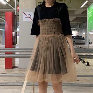 Short-sleeve Plain T-shirt / Spaghetti Strap Mini Mesh Dress