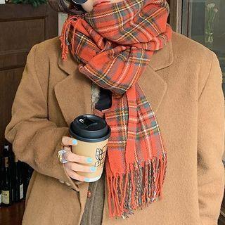 British Plaid Fringed Scarf Red - One Size