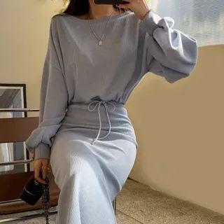 Set: Bishop-sleeve Ribbed Top + Drawcord Long Skirt