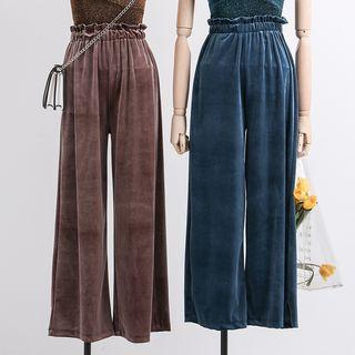 Ruffle-waistline Wide-leg Velvet Pants