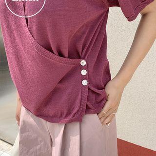 Button-detail Wrap-front Knit Top