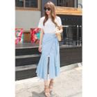 Set: Round-neck Plain Top + Wrap-front Ruffle-hem Skirt