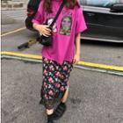 Short-sleeve Print T-shirt / Floral Print Lace Hem Midi Skirt