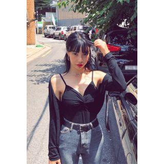 Set: V-neck Cardigan + Spaghetti-strap Draped Top