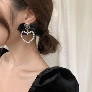 Heart Faux Pearl Faux Crystal Bow Dangle Earring G1260 - 1 Pair - Black & White - One Size
