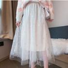 Jacquard Sweater / Heart Midi A-line Mesh Skirt