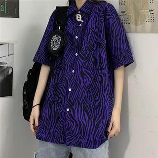 Elbow-sleeve Zebra Print Shirt Purple - One Size