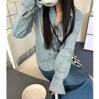 Long-sleeve Lace-up Slim-fit Denim Shirt Blue - One Size