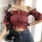 Check Off-shoulder Slim-fit Short-sleeve Top As Figure - One Size