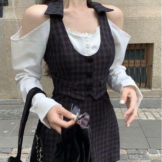 Set: Long-sleeve Mock Two Piece Top + A-line Skirt