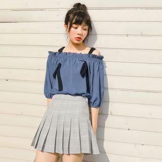 Elbow-sleeve Cold-shoulder Chiffon Top