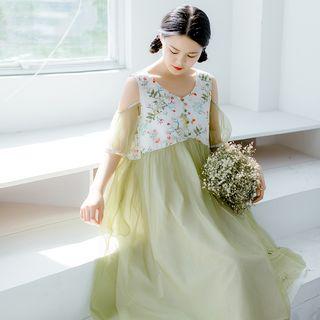 Floral Print Panel Cold Shoulder A-line Midi Dress