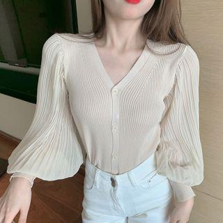 Puff-sleeve V-neck Button-up Knit Top