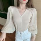 Puff-sleeve V-neck Button-up Knit Top