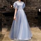 Flutter-sleeve Embroidered A-line Evening Gown