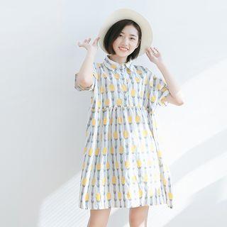 Pineapple Print Striped Short Sleeve Shirtdress